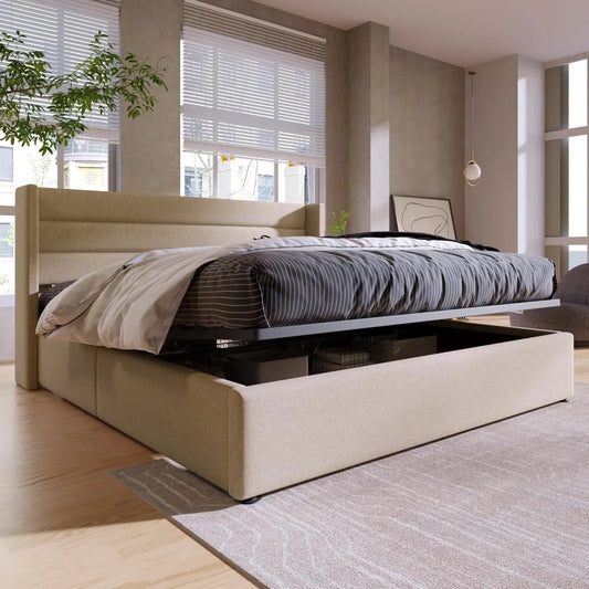 Lit double: en métal, en bois, avec rangement, 160 cm, 200 cm, beige, avec rangement intégré
