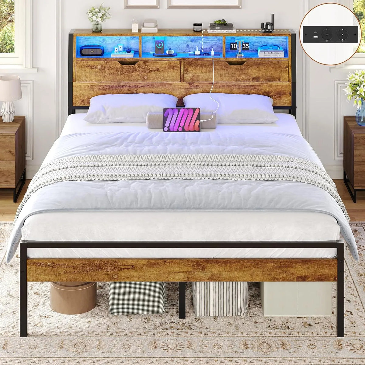 Cadre de lit et structure de lit 140x200 avec Sommier Métal lit 2 Personnes: USB-A, en métal, avec rangement, avec port USB, affichage LED, 140 × 200