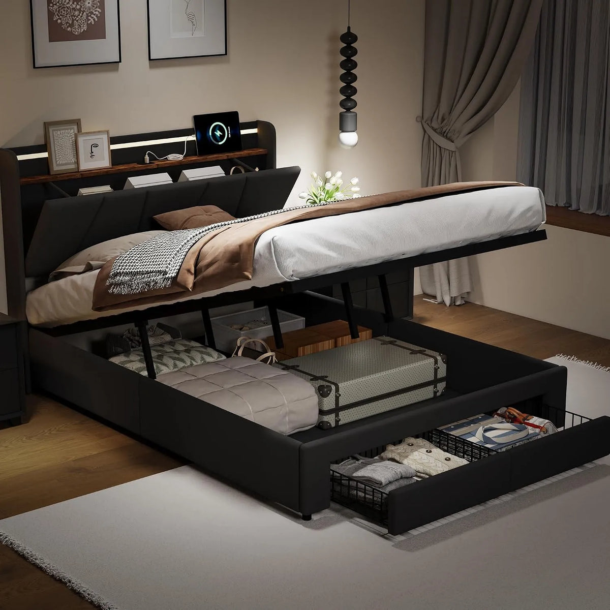 Lit Coffre 160x200 cm avec Sommier à Lattes Hydraulique: avec rangement, avec tiroirs, avec port USB, affichage LED, 2 Tiroirs, 160 × 200 cm, gris