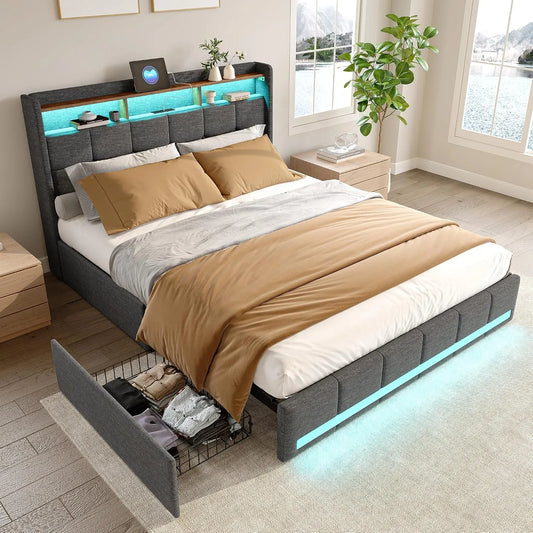 Lit double tapissé de 140 x 190 cm avec 4 — avec rangement, avec tiroirs, avec port USB, affichage LED, 4 tiroirs, 140 × 190 cm, gris