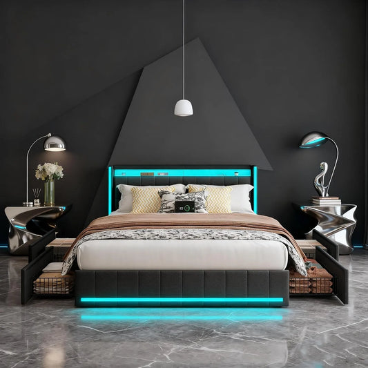 Lit capitonné 180 x 200 cm avec tête de lit – avec tiroirs, avec port USB, affichage LED, 4 tiroirs, 180 × 200 cm