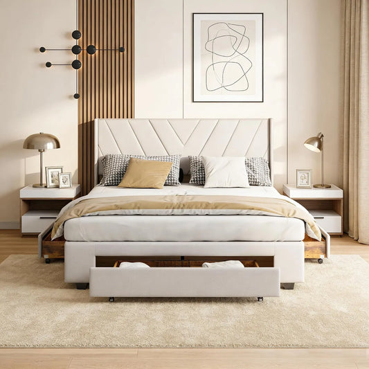 Lit rembourré et cadre de lit tapissé: en métal, avec tiroirs, 3 tiroirs, 160 × 200 cm, beige, revêtement en tissu