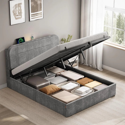 VASAGLE RMB943G01V2 Lit Coffre 140 x 190 cm: avec rangement, affichage LED, 140 × 190 cm, gris