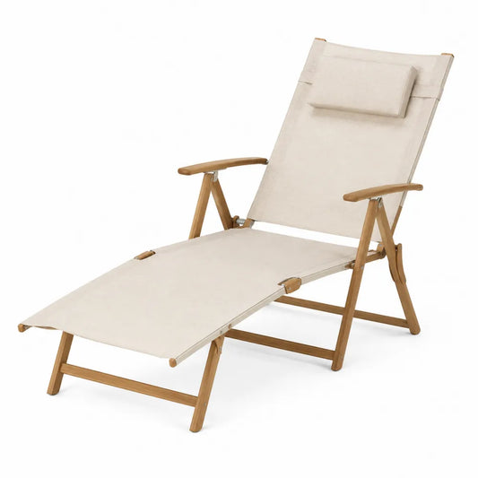 Chaise Longue Extérieur Réglable en Bois et Tissu Beige