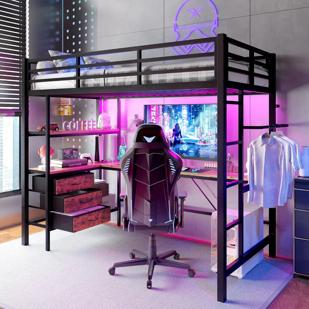Lit superposé et lit mezzanine – pour enfant, avec tiroirs, avec tringle, avec étagères, 1 Place, 3 tiroirs, 90 × 200, avec éclairage LED