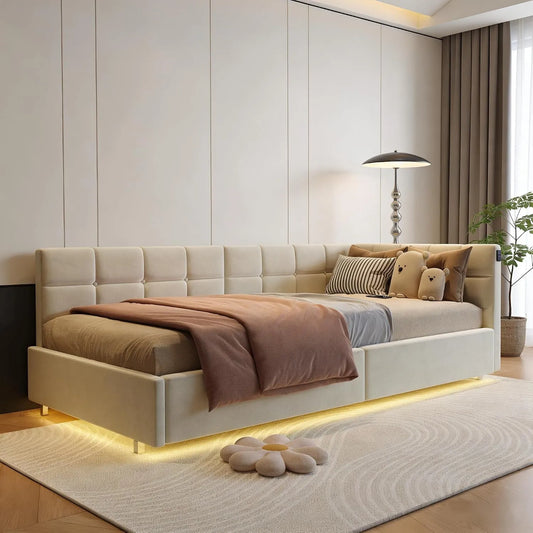 Lit rembourré et cadre de lit tapissé – avec rangement, avec port USB, affichage LED, 90 × 200 cm, beige, revêtement en velours, revêtement en tissu