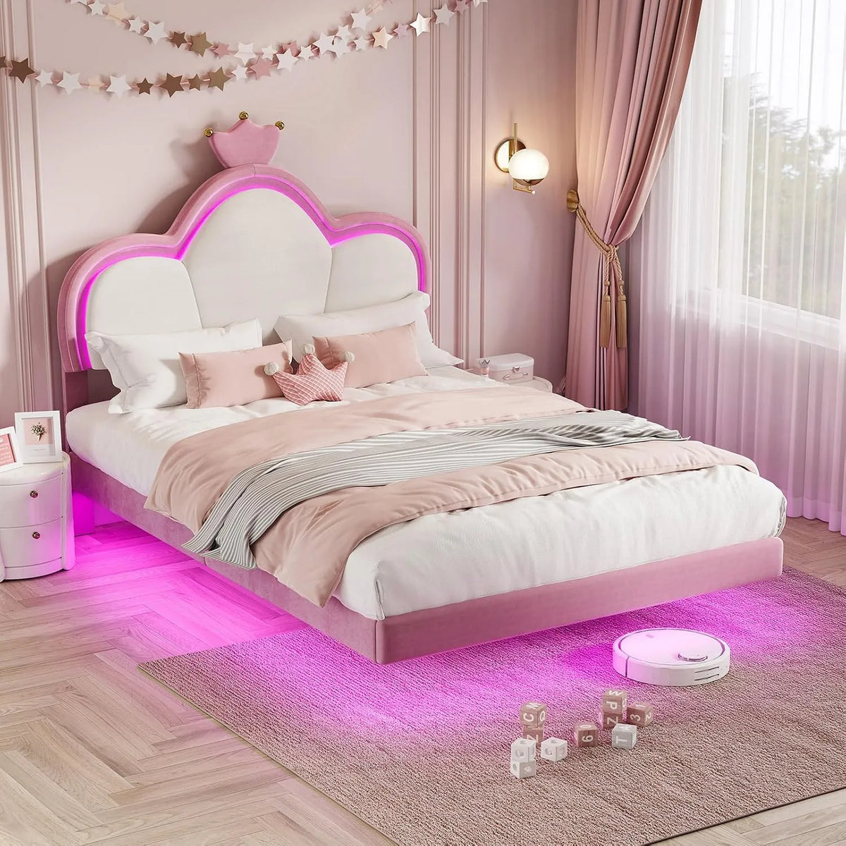 Artswish Princesse Fille Lit 140x200 cm LED: pour enfant, en bois, réglable, affichage LED, 140 × 200 cm, rose, revêtement en velours