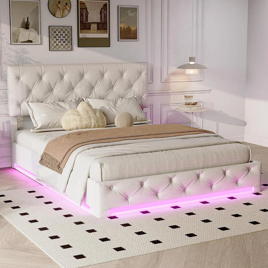 Cadre de lit et structure de lit escamotable avec rangement 160×200cm — en bois, réglable, affichage LED, 160 × 200cm, beige