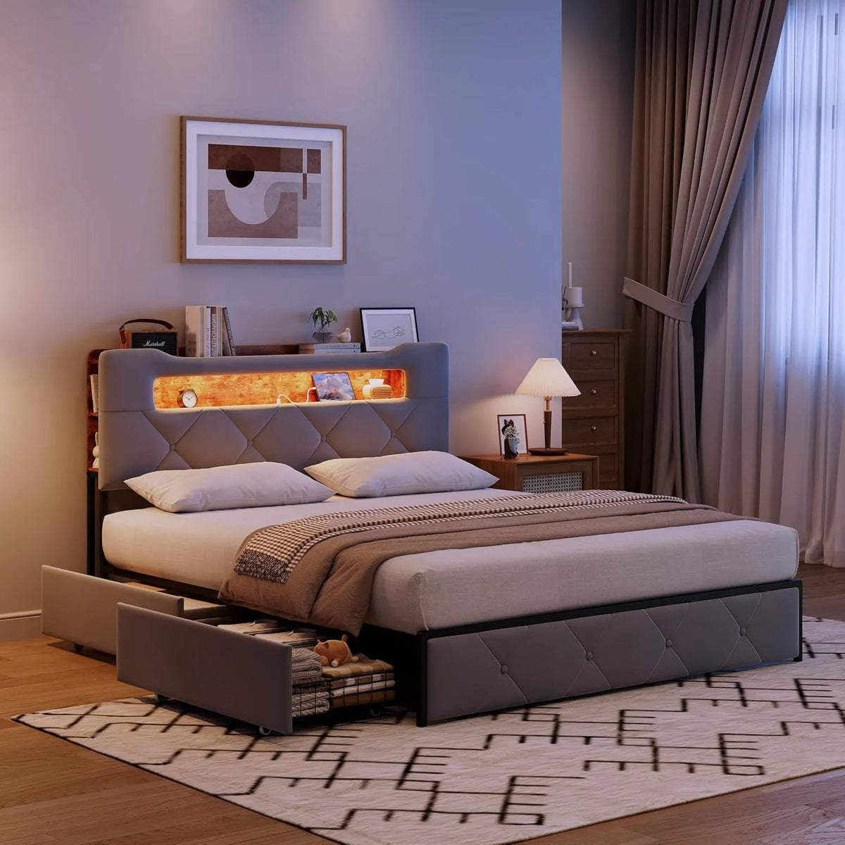 Lit capitonné – avec tiroirs, avec port USB, affichage LED, 4 tiroirs, 160 × 200 cm