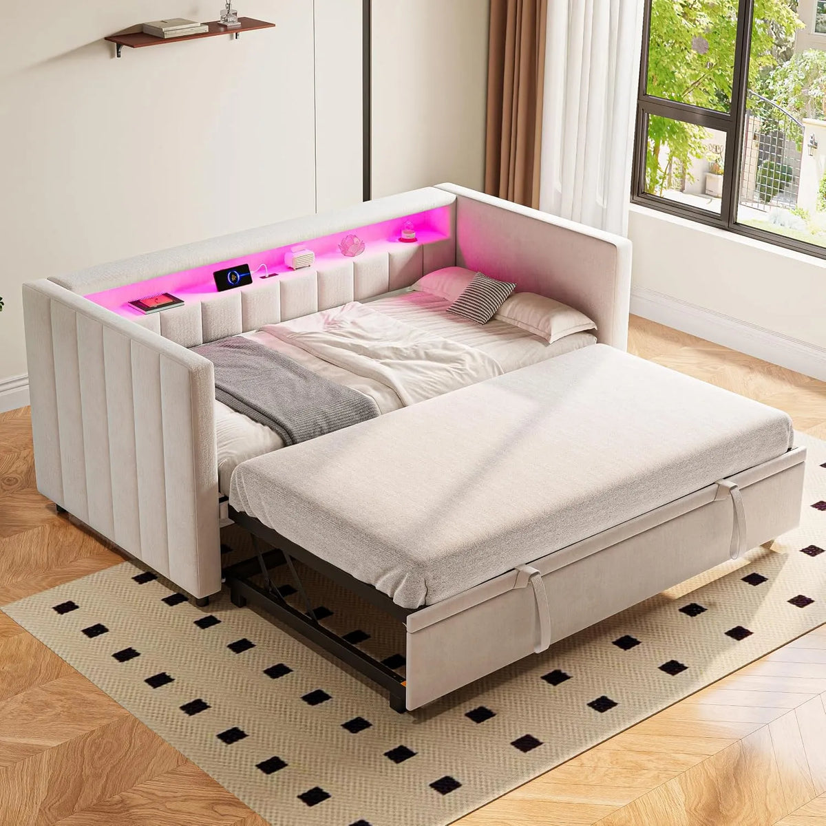 Canapé convertible et canapé-lit: avec rangement, avec port USB, affichage LED, 90 × 190 cm, beige, revêtement en velours