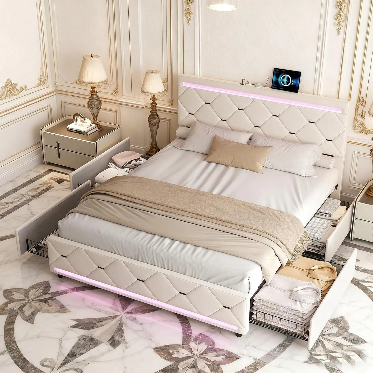 Lit double rembourré — avec rangement, avec tiroirs, avec port USB, affichage LED, 4 tiroirs, 140 × 200 cm, beige, revêtement en velours