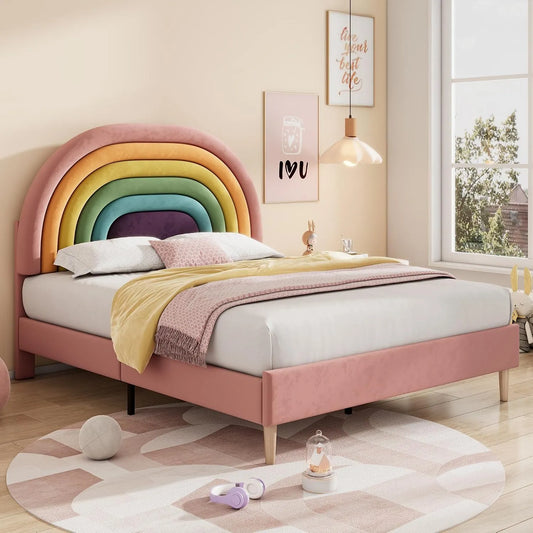Lit Double Rembourré 140x200 avec Sommier à Lattes – pour enfant, réglable, 140 × 200, rose, hauteur réglable, revêtement en velours