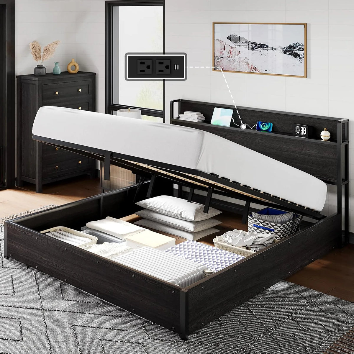 Lit de Rangement – fonctionnement silencieux, avec rangement, avec tiroirs, 140 × 200cm, noir