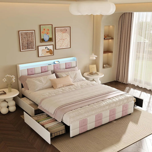 Lit rembourré et cadre de lit tapissé — avec rangement, avec tiroirs, avec port USB, affichage LED, 4 tiroirs, 140 × 200, blanc, revêtement en velours