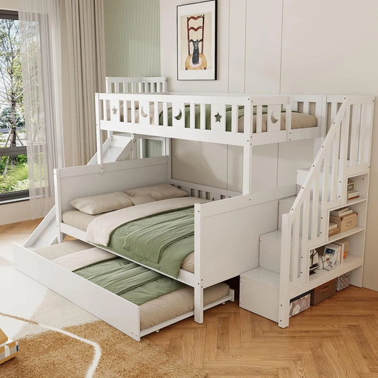Lit superposé et lit mezzanine: pour enfant, avec rangement, avec étagères, avec escalier, 3 Places, 140 × 200cm, blanc