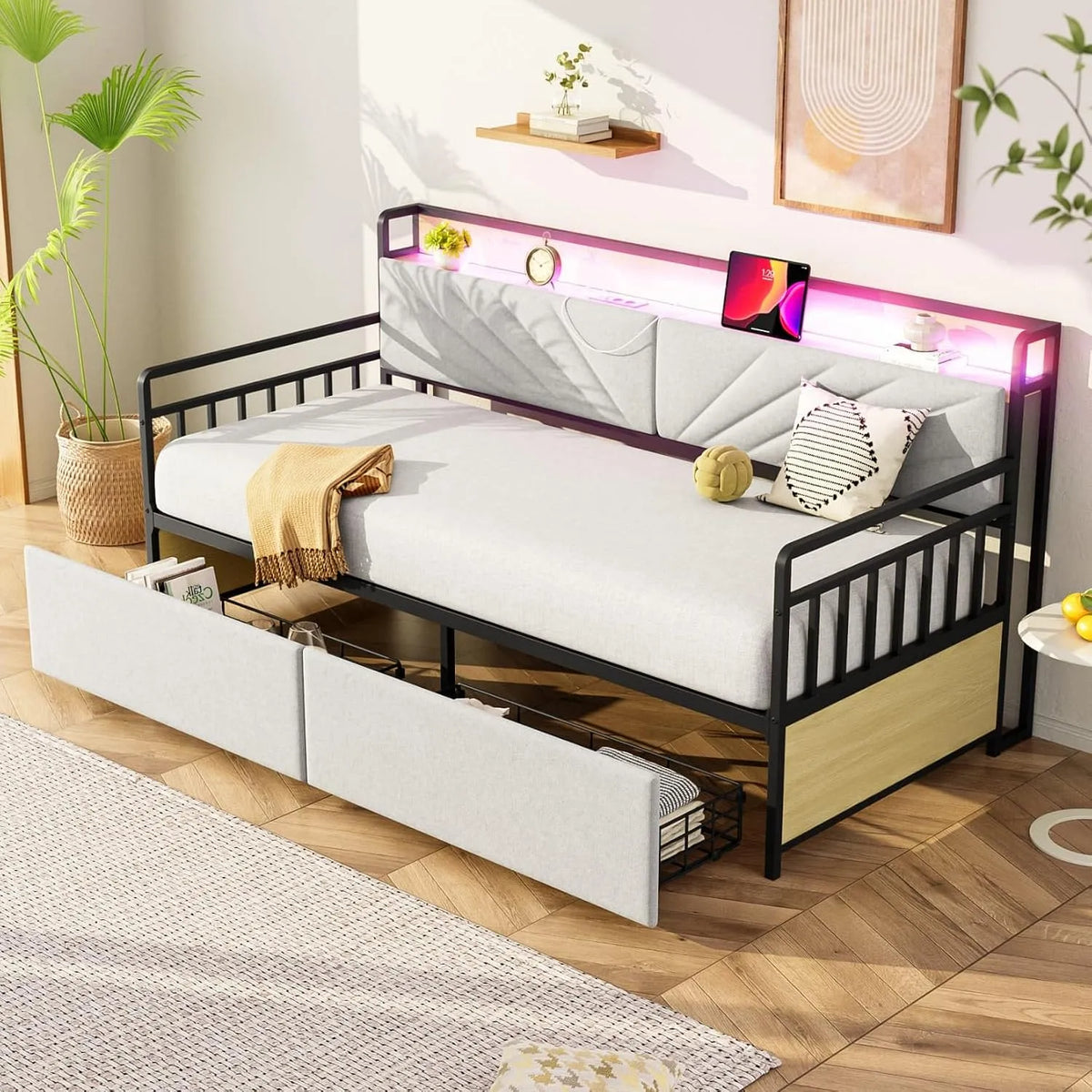 Canapé convertible et canapé-lit: avec rangement, avec tiroirs, affichage LED, 1 Places, 2 Tiroirs, 90 × 200cm, beige, revêtement en tissu