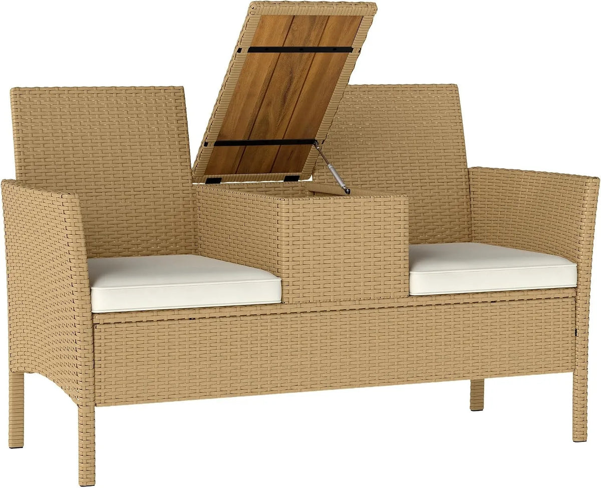 Outsunny Canapé de jardin et sofa lounge extérieur — avec rangement, en résine tressée, 134 × 58 × 82 cm, beige, en résine tressée, 2 places