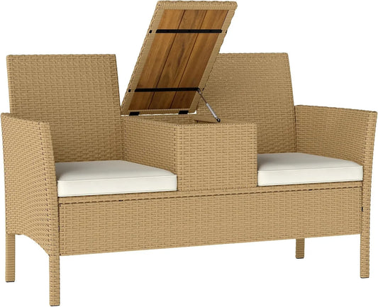 Outsunny Canapé de jardin et sofa lounge extérieur — avec rangement, en résine tressée, 134 × 58 × 82 cm, beige, en résine tressée, 2 places