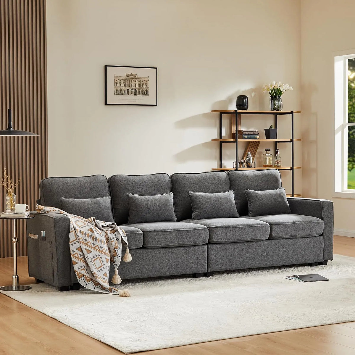 Canapé – avec accoudoirs, avec coussins, 4 places, gris