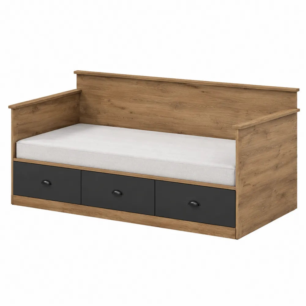 Lit de jour en bois avec tiroirs et matelas en chêne/noir
