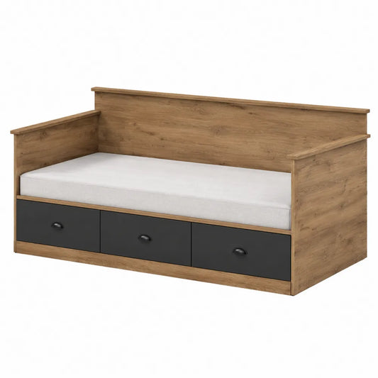 Lit de jour en bois avec tiroirs et matelas en chêne/noir