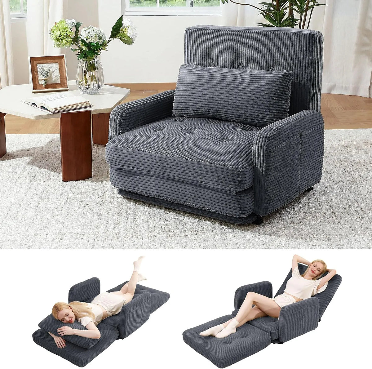 Canapé convertible et canapé-lit – en velours côtelé, revêtement en tissu, convertible, avec dossier, anthracite, pliable, inclinable