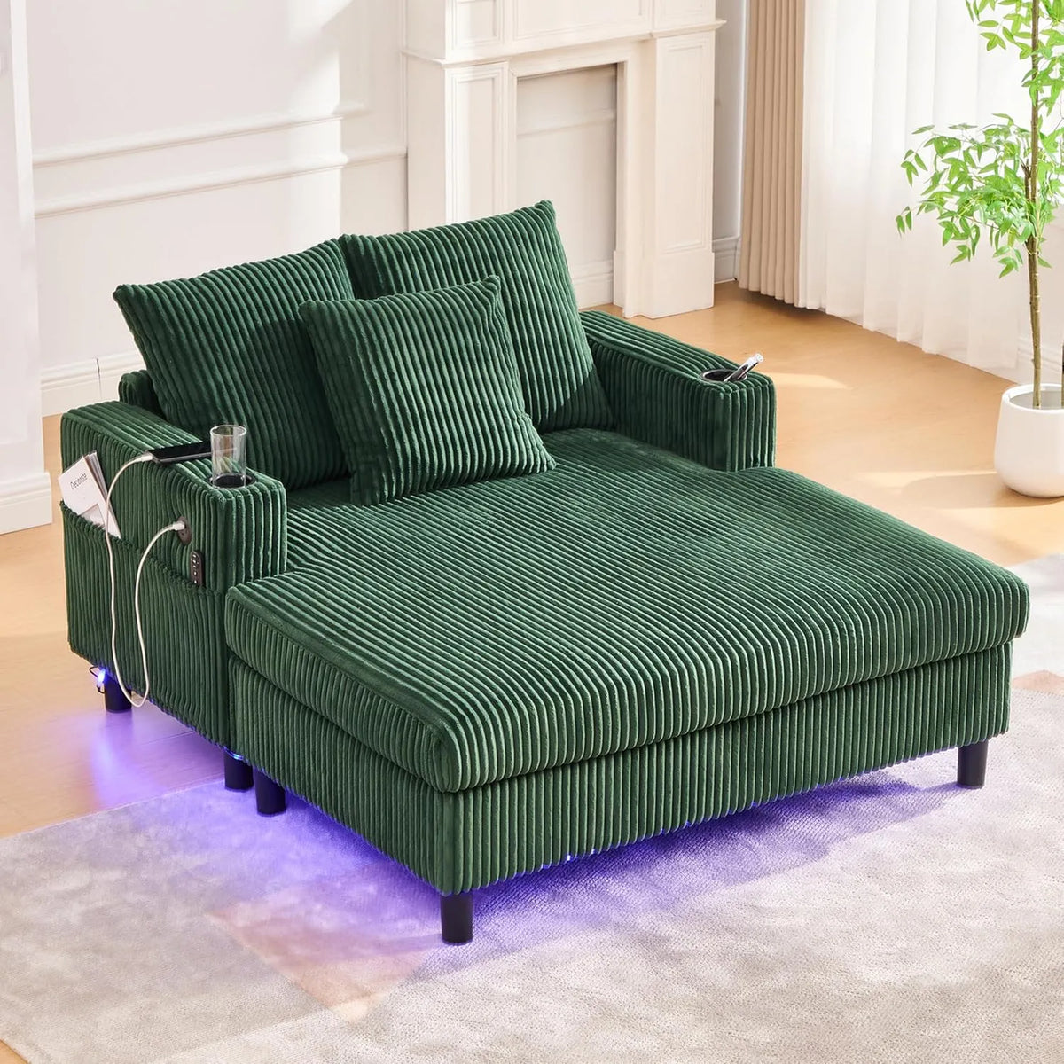 Canapé convertible et canapé-lit – assise profonde, en velours côtelé, avec dossier, avec coussins, vert, inclinable