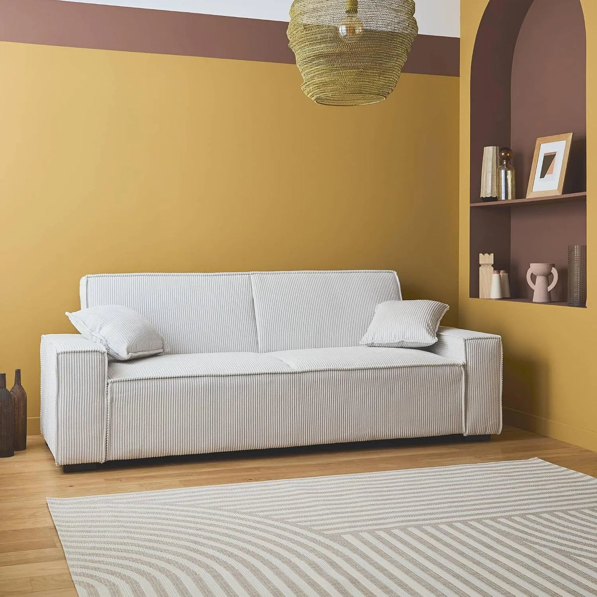 Canapé — P 96, en velours côtelé, convertible, 3 Places, 80cm, blanc