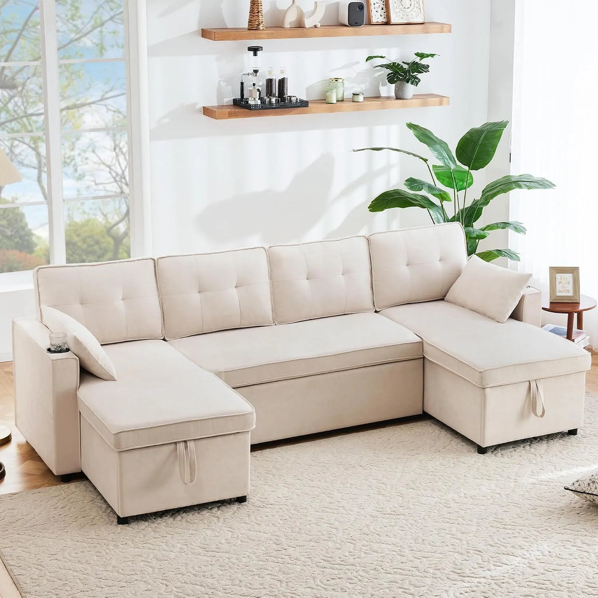 Canapé d'angle et canapé panoramique: en coton, avec rangement, convertible, 4 Places, beige, avec fonction couchage, revêtement en tissu