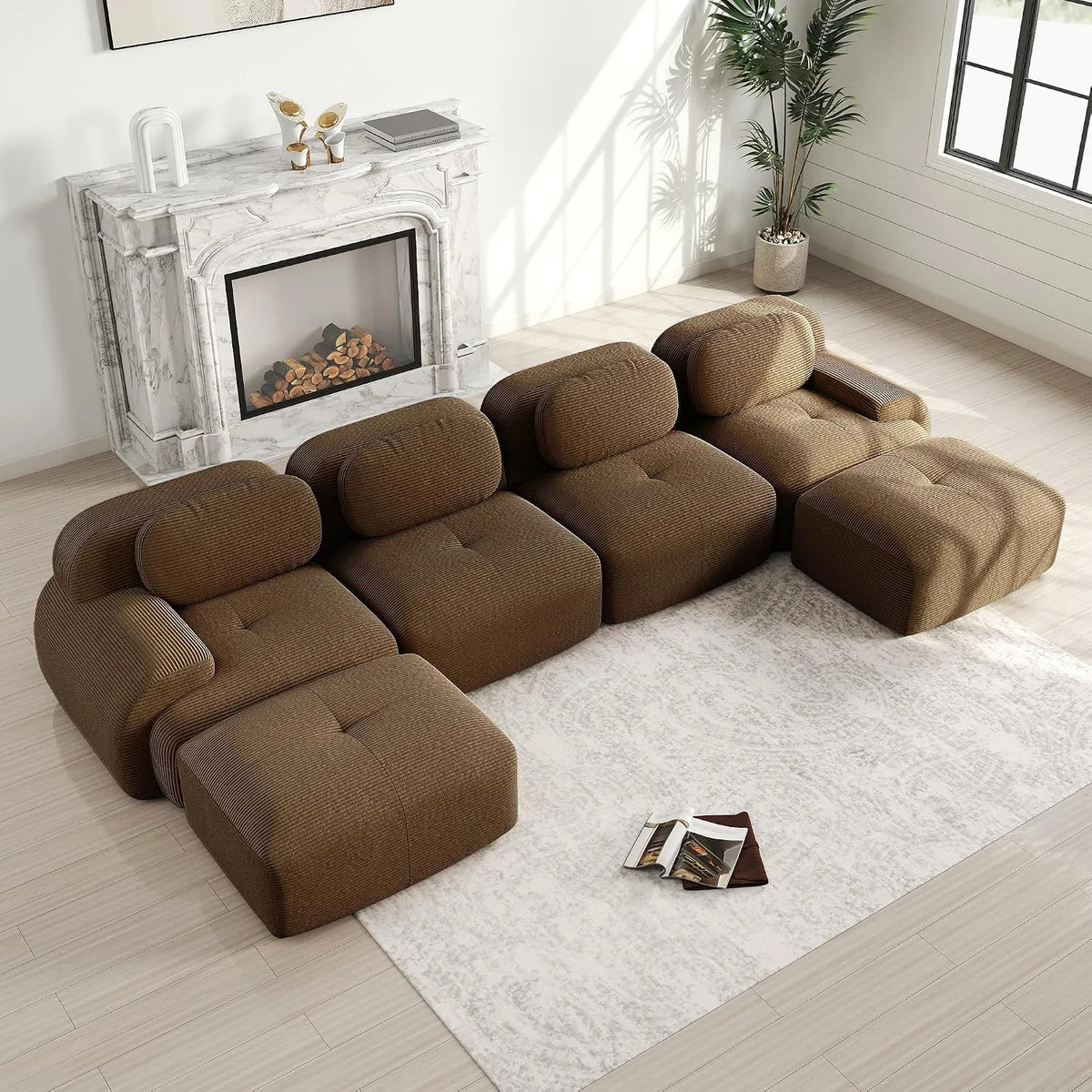Canapé d'angle et canapé panoramique – modulaire, en velours côtelé, convertible, avec accoudoirs, 4 places, marron