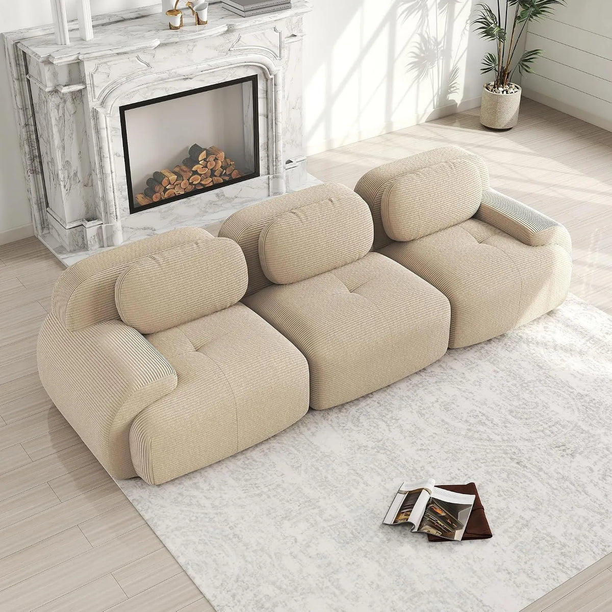 Canapé convertible et canapé-lit – Cloud, en velours côtelé, revêtement en tissu, 3 places, beige