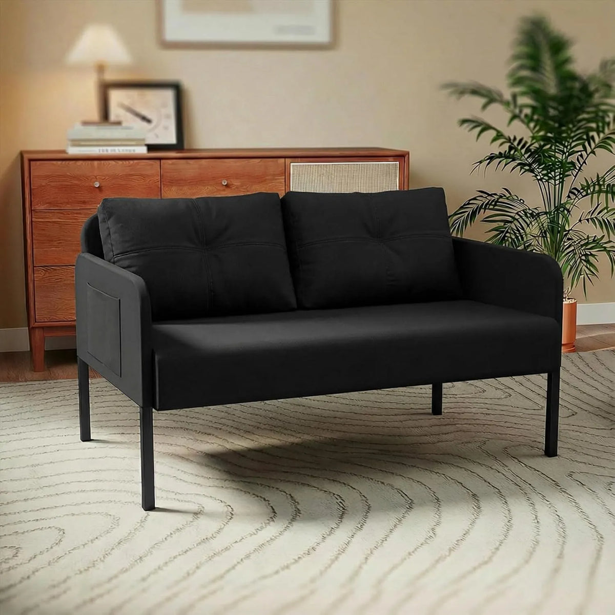 Canapé: respirant, revêtement en tissu, avec dossier, 2 Places, 110 cm, noir
