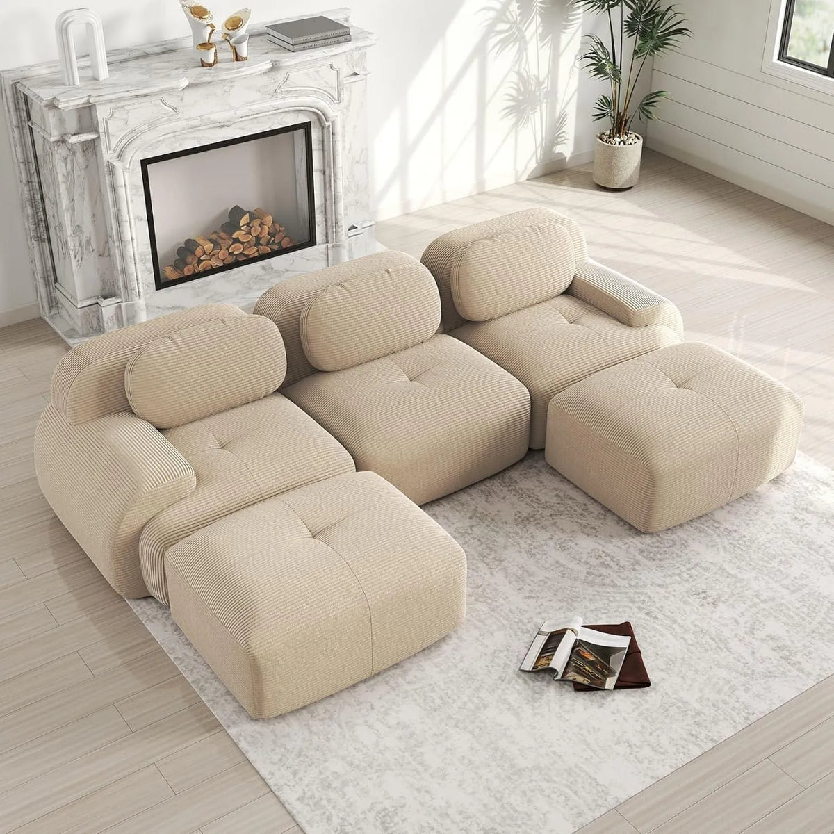 Canapé modulaire — antidérapant, en velours côtelé, avec accoudoirs, 3 Places, beige