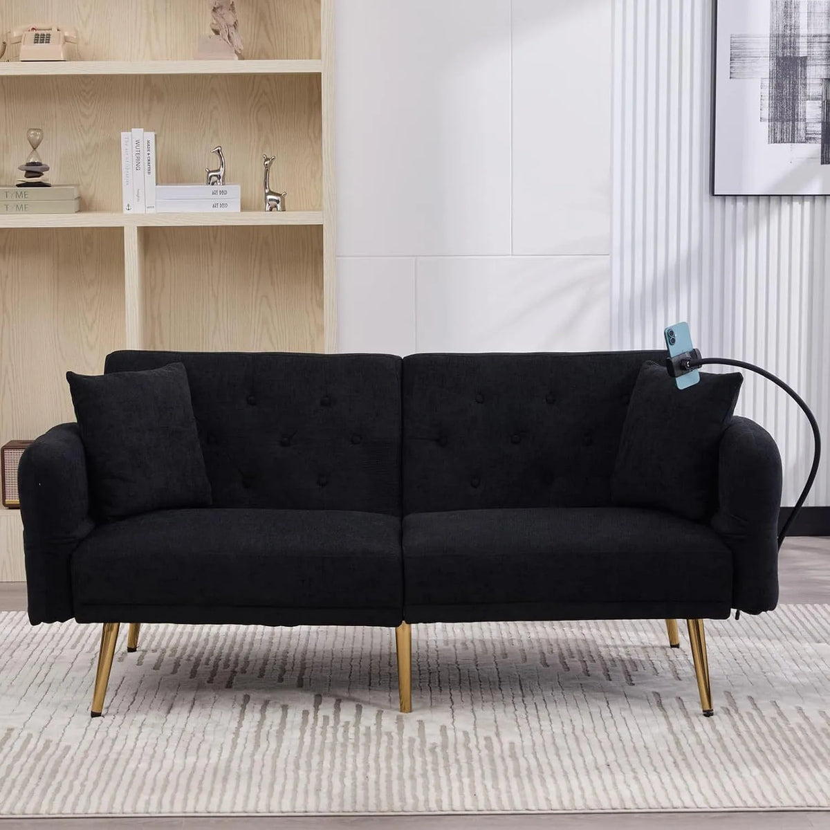 Canapé convertible et canapé-lit – en métal, en chenille, avec bureau, convertible, noir, réglable, avec port USB