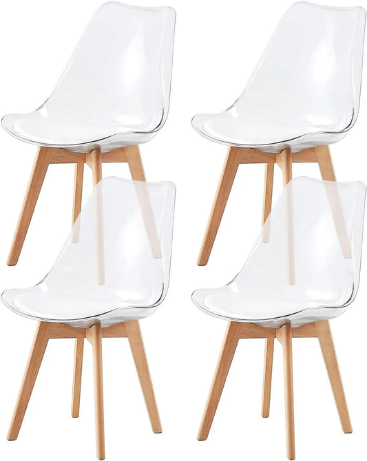 Chaise — SGS, en cuir, en bois, avec dossier, avec coussins, Lot de 4, blanc