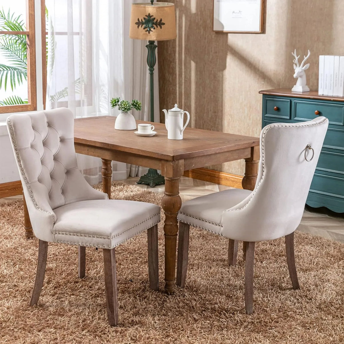 Chaise — en bois, Lot de 2, 130kg, beige, revêtement en velours