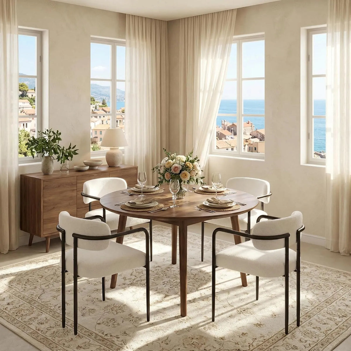 Chaise – YUSING, en métal, revêtement en tissu, avec accoudoirs, revêtement bouclé, Lot de 4, beige
