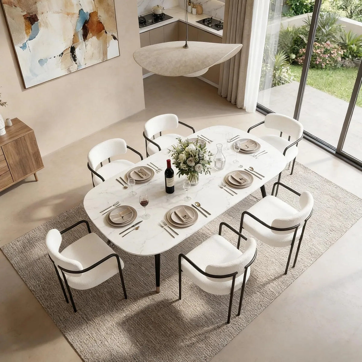 Chaise – YUSING, en métal, revêtement en tissu, avec accoudoirs, revêtement bouclé, Lot de 6, beige