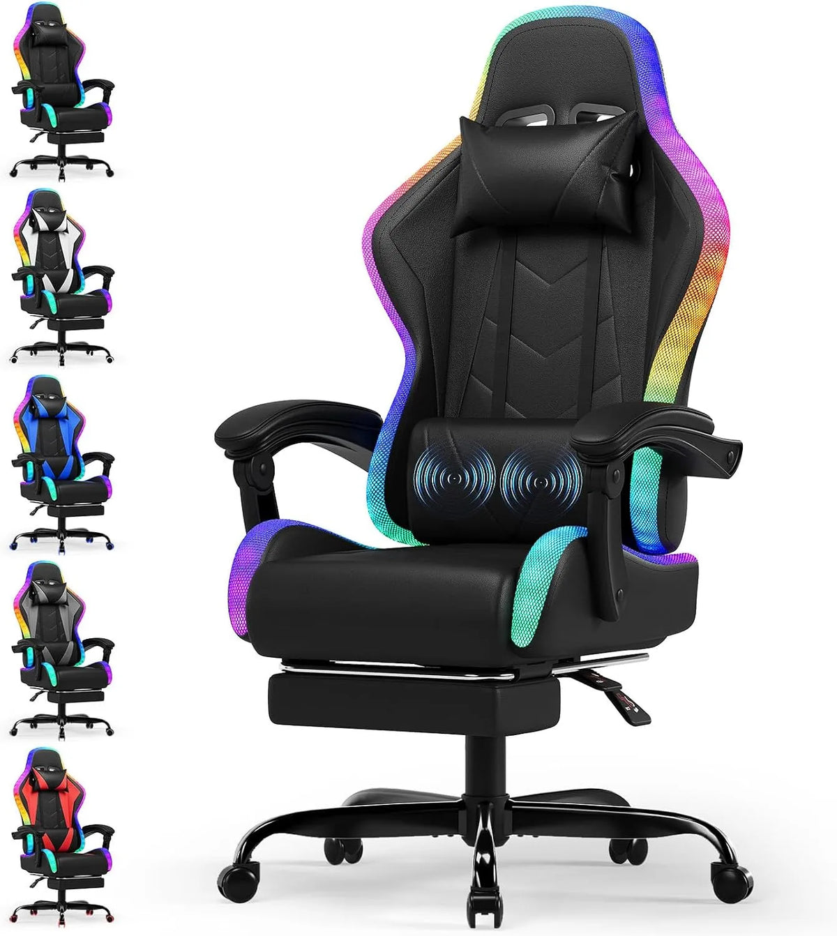 Chaise — RGB, avec dossier, pour gaming, éclairage RGB, réglable, 180 kg, noir, inclinable, avec fonction massage