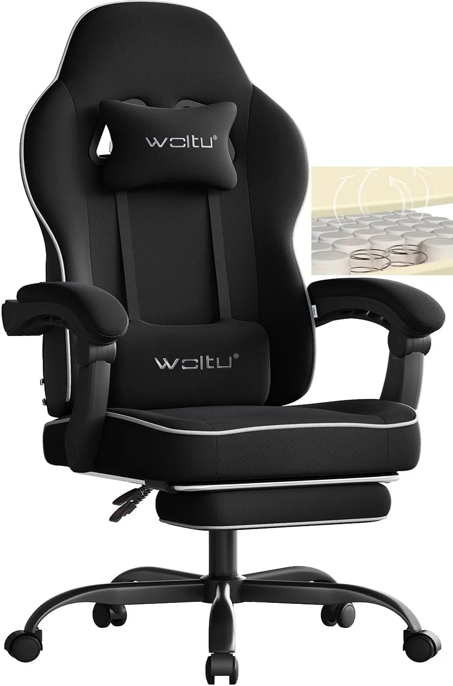 Chaise – revêtement en tissu, avec coussins, pour gaming, aération en maille, 150kg, noir