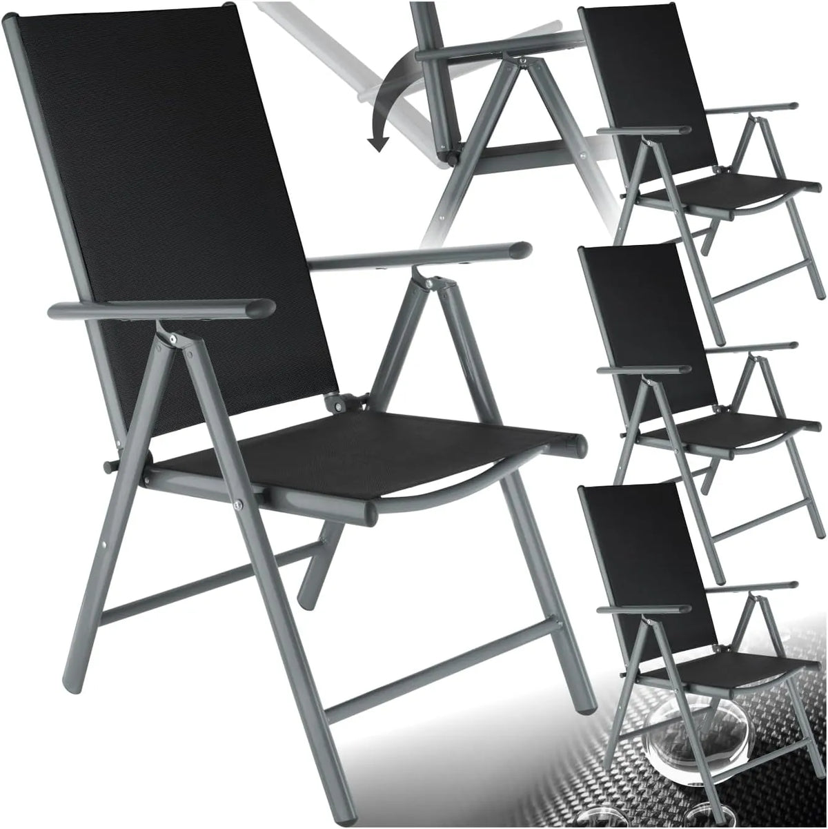 tectake Chaises de jardin – avec accoudoirs, avec dossier, réglable, en aluminium, Lot de 4, résistant aux intempéries