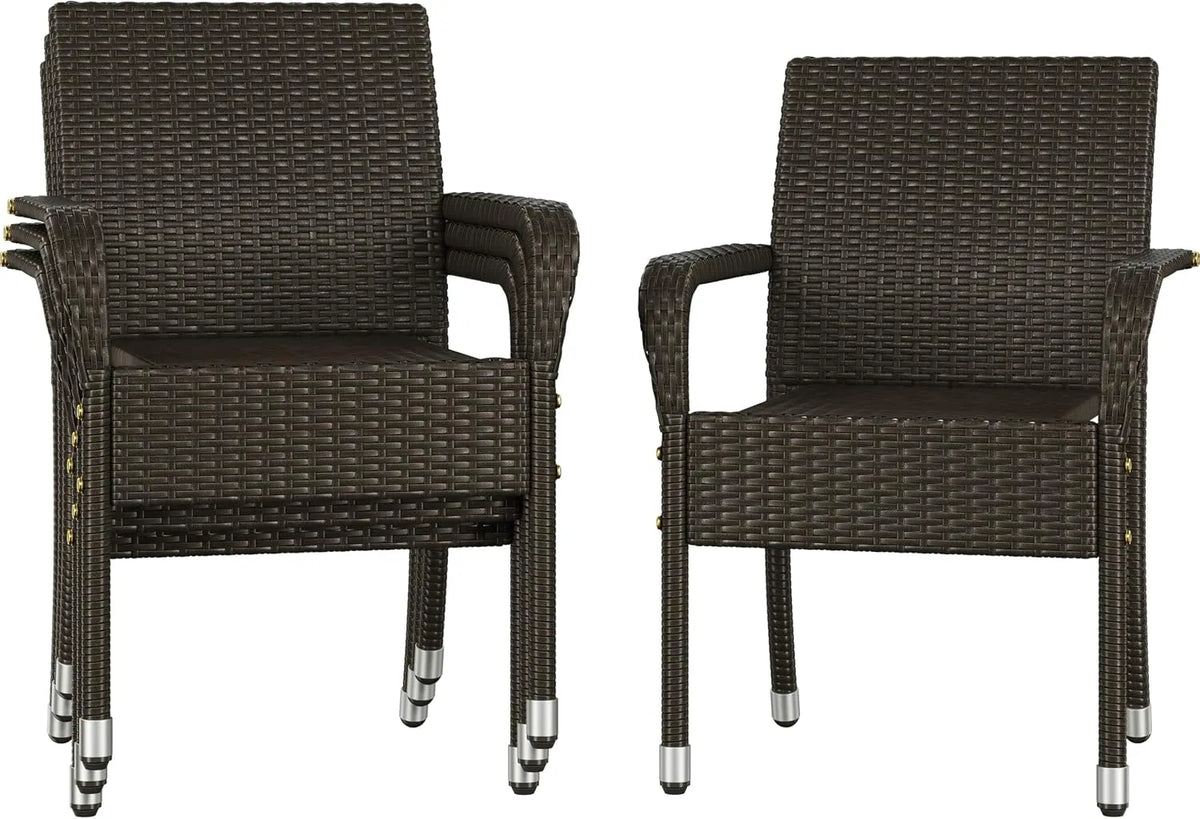 Chaises de jardin — en métal, avec accoudoirs, Lot de 4, marron, en résine tressée