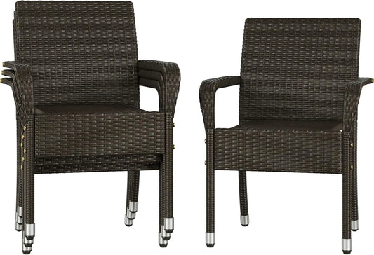 Chaises de jardin — en métal, avec accoudoirs, Lot de 4, marron, en résine tressée