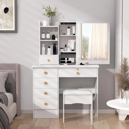 Bureau – pour enfant, avec rangement, avec tiroirs, avec Bibliothèque et étagère de rangements, 6 Tiroirs, blanc, avec étagères