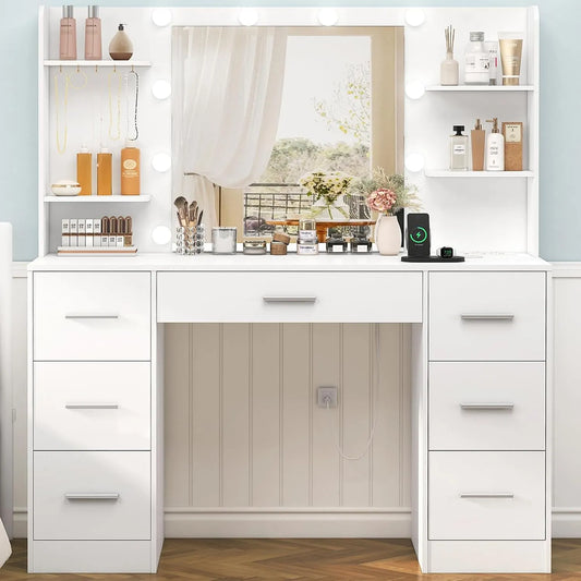 Coiffeuse et table de maquillage avec Lumières — avec tiroirs, avec étagères, réglable, 4 Étagères, 7 Tiroirs, blanc