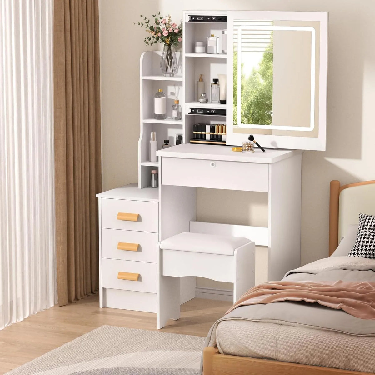 Bureau et table informatique – avec rangement, avec tiroirs, réglable, affichage LED, 4 Tiroirs, 81 × 37 × 132 cm, blanc