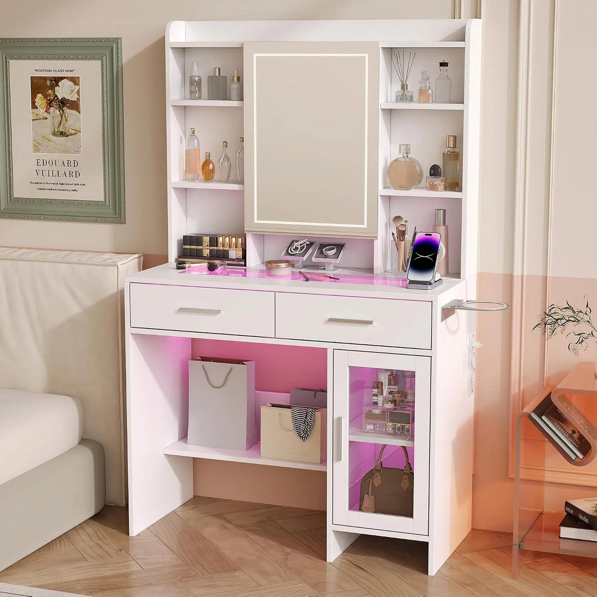 Coiffeuse et table de maquillage avec Miroir LED – avec tiroirs, avec étagères, réglable, affichage LED, 2 Tiroirs, 89.8 × 40 × 145cm, blanc