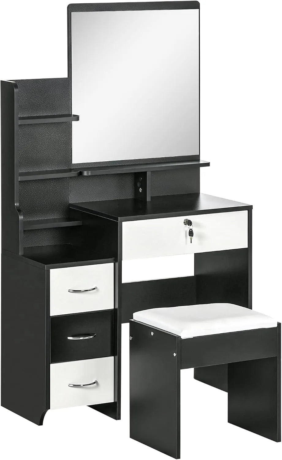 HOMCOM Ensemble de Coiffeuse et table de maquillage Table de Maquillage avec Tabouret rembourré Grand — avec tiroirs, avec étagères, 4 tiroirs, noir