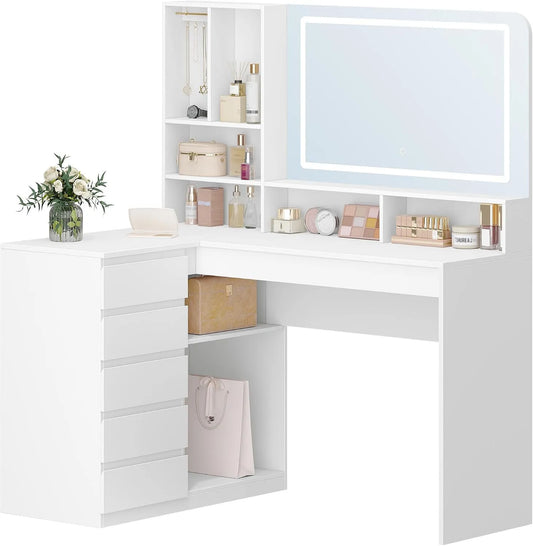 Hzuaneri Coiffeuse et table de maquillage avec Grand Miroir – DT42503XEU, avec tiroirs, affichage LED, 5 Tiroirs, blanc