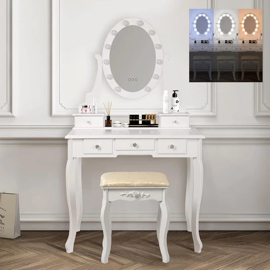Design Coiffeuse et table de maquillage Table de Maquillage Blanc avec Tabouret — MDF, pour enfant, pour femme, en bois, avec tiroirs, 5 Tiroirs